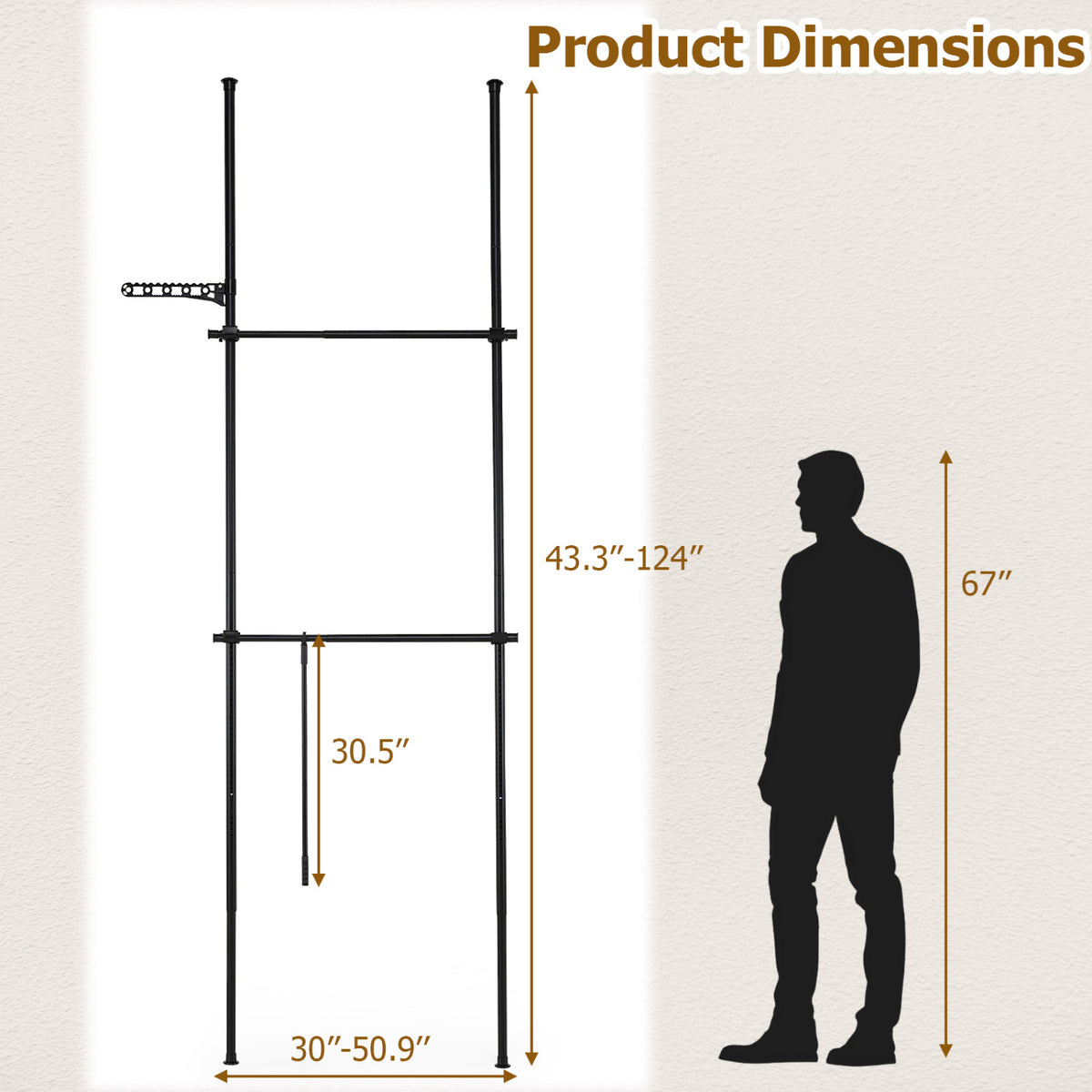 Adjustable Floor to Ceiling Clothes Rack with 2 Hanging Rods - Black