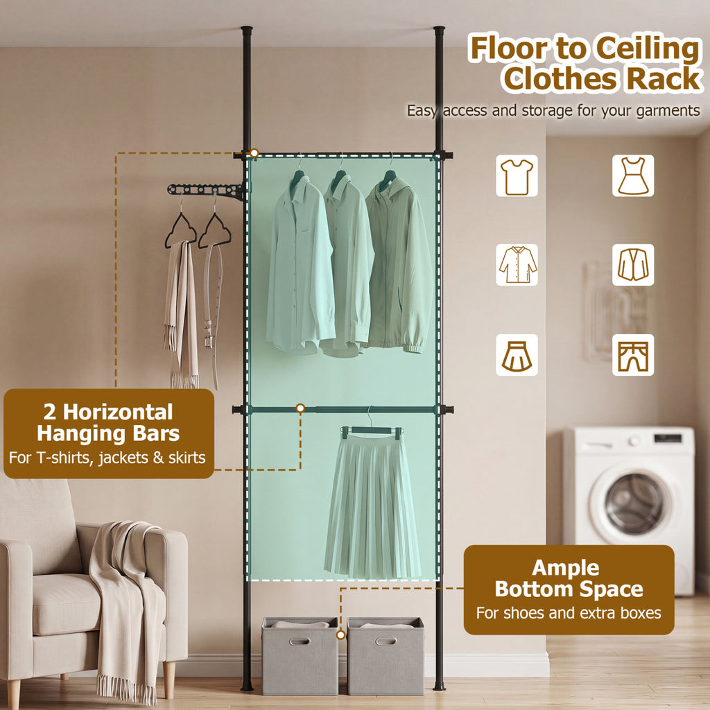 Adjustable Floor to Ceiling Clothes Rack with 2 Hanging Rods - Black