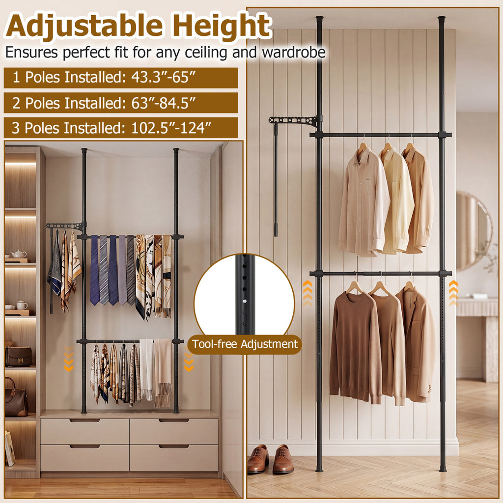 Adjustable Floor to Ceiling Clothes Rack with 2 Hanging Rods - Black