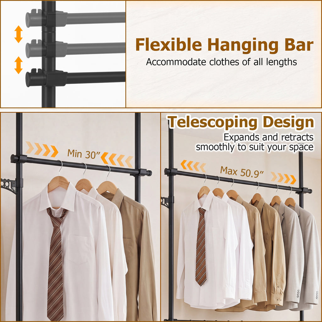 Adjustable Floor to Ceiling Clothes Rack with 2 Hanging Rods - Black