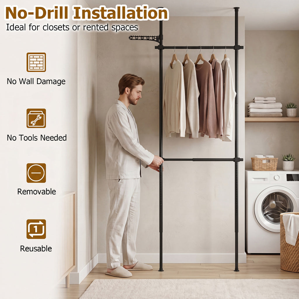 Adjustable Floor to Ceiling Clothes Rack with 2 Hanging Rods - Black