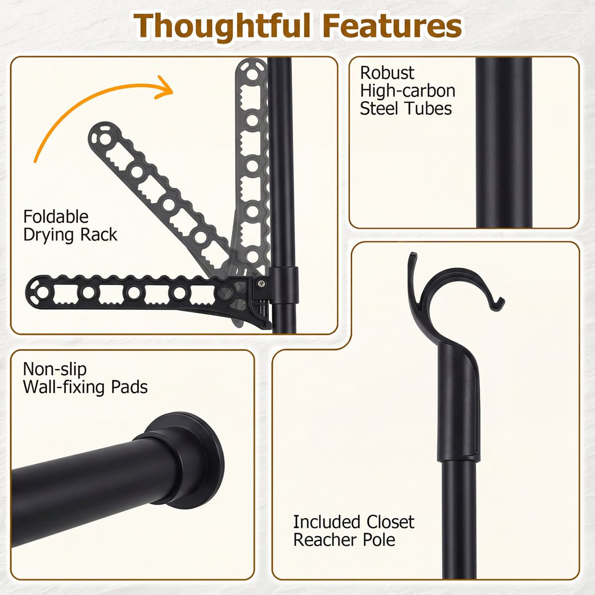 Adjustable Floor to Ceiling Clothes Rack with 2 Hanging Rods - Black