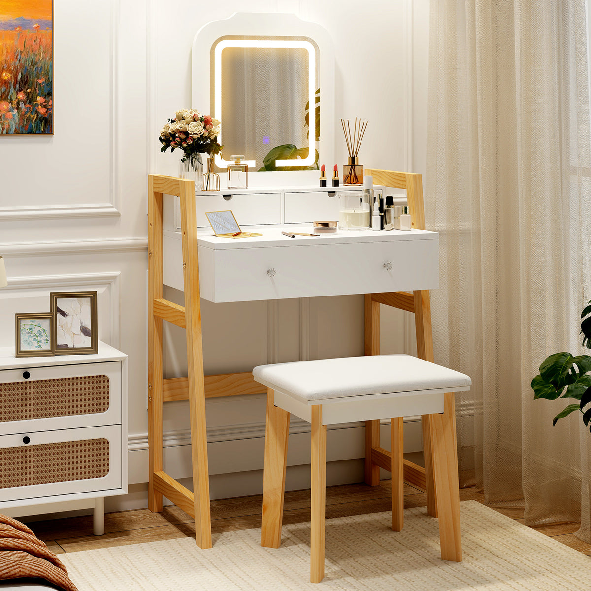 Adjustable Height Vanity Desk with 3-Color LED Mirror & Drawers, White