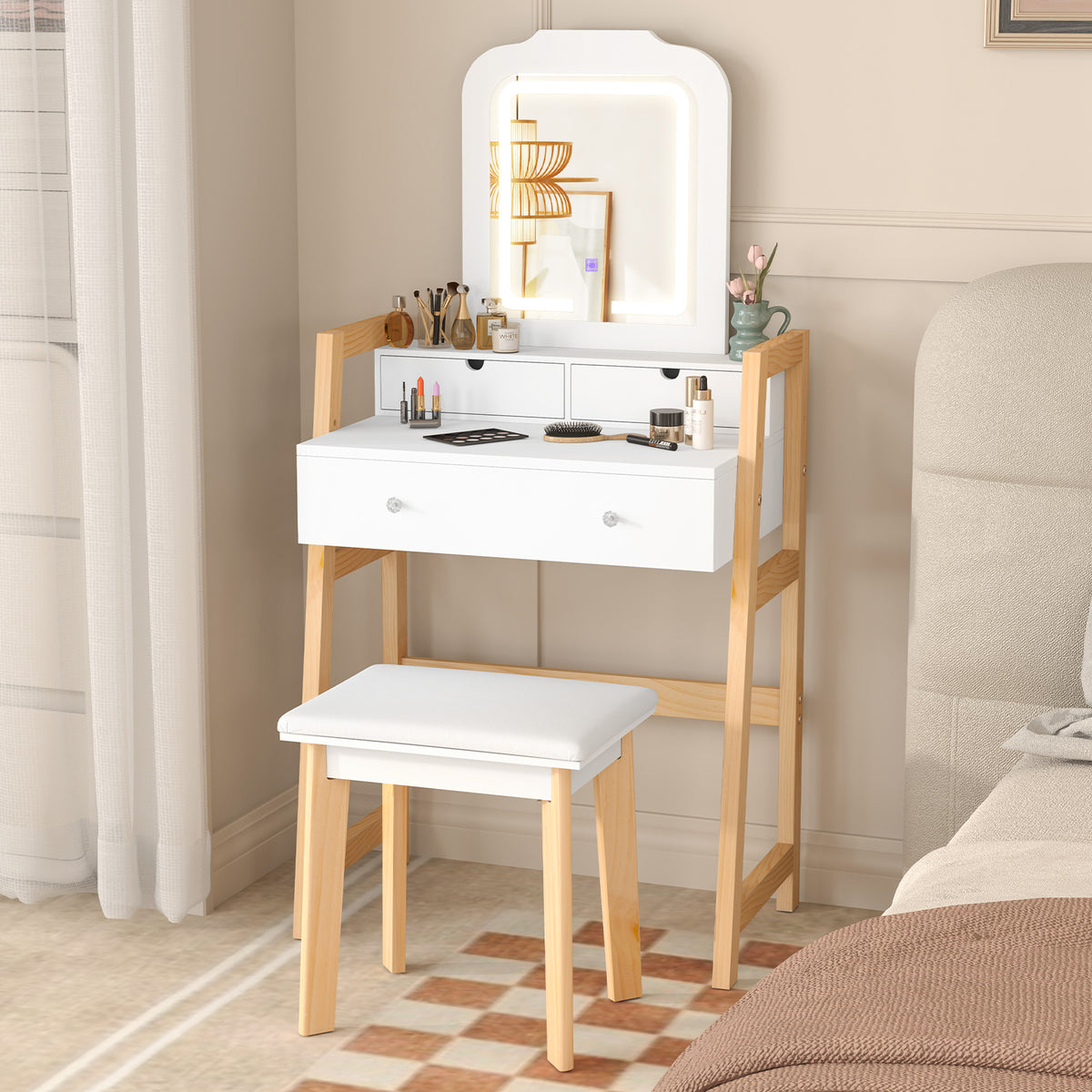 Adjustable Height Vanity Desk with 3-Color LED Mirror & Drawers, White