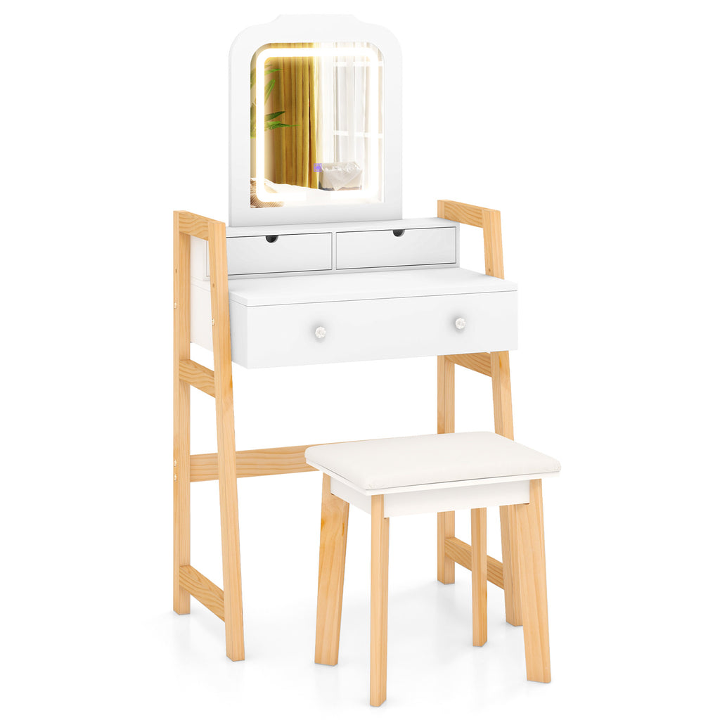 Adjustable Height Vanity Desk with 3-Color LED Mirror & Drawers, White