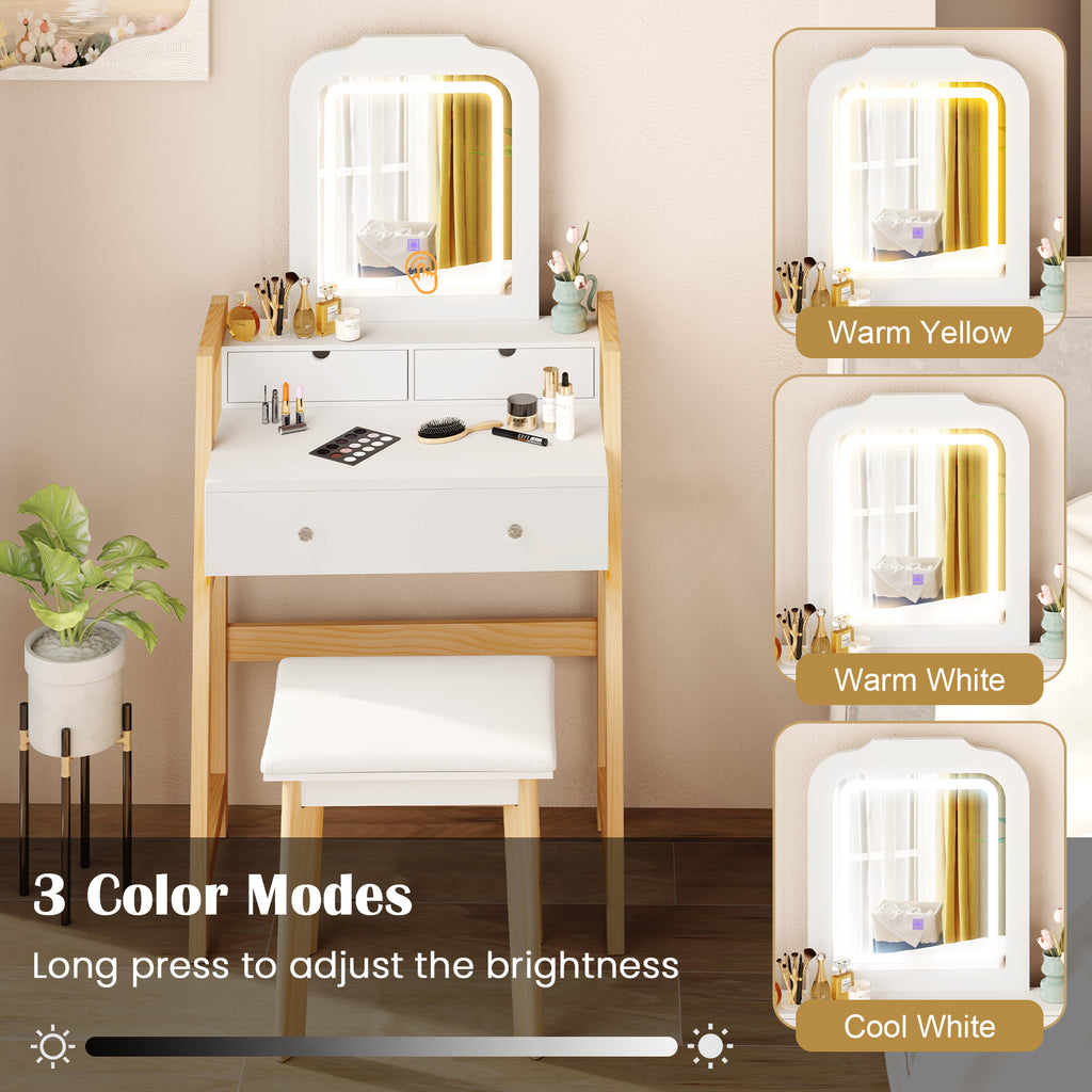 Adjustable Height Vanity Desk with 3-Color LED Mirror & Drawers, White