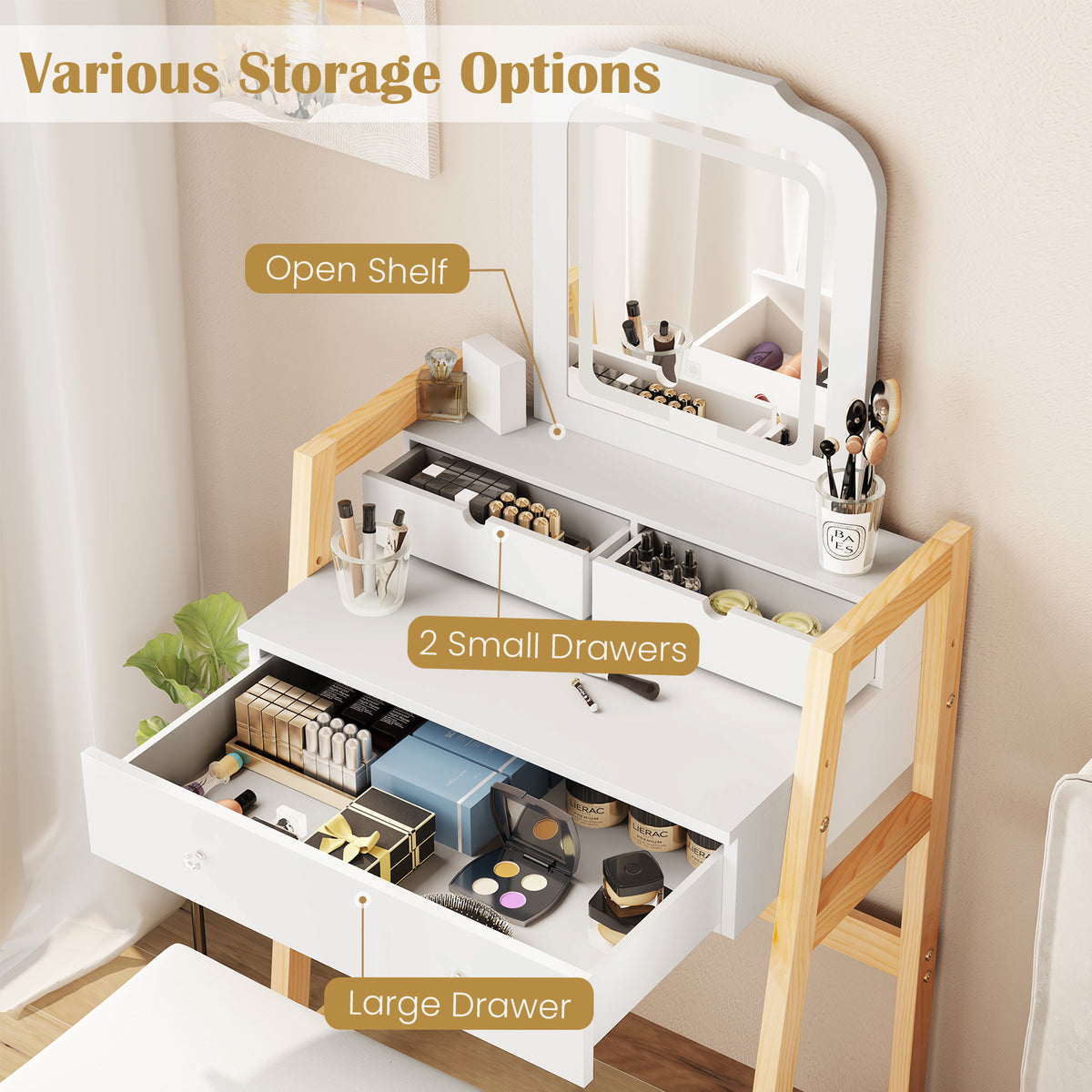 Adjustable Height Vanity Desk with 3-Color LED Mirror & Drawers, White