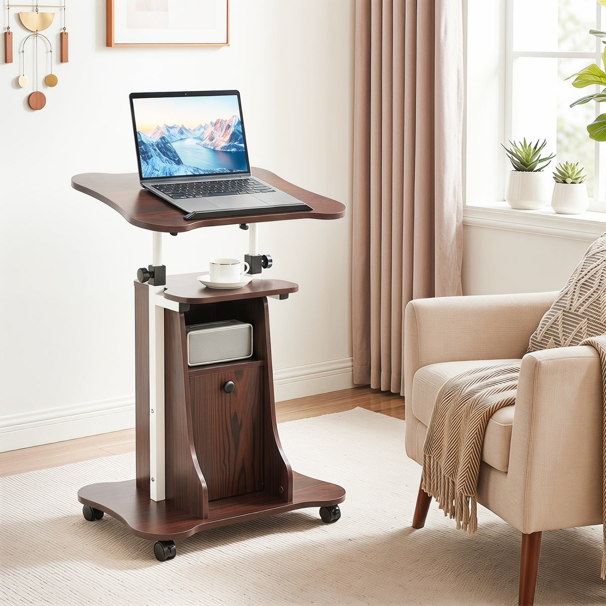 Adjustable Mobile Standing Desk Cart with Tilt Desktop and Cabinet