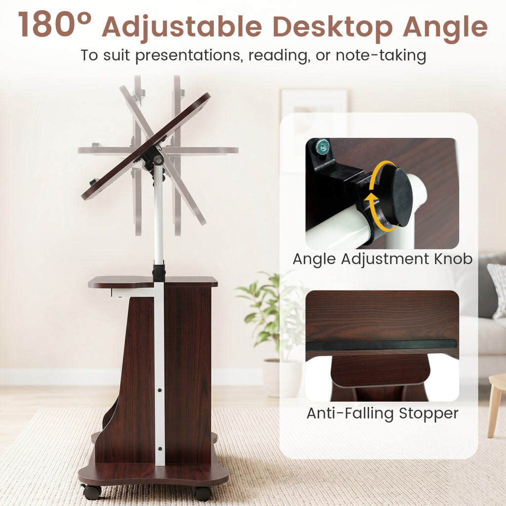 Adjustable Mobile Standing Desk Cart with Tilt Desktop and Cabinet