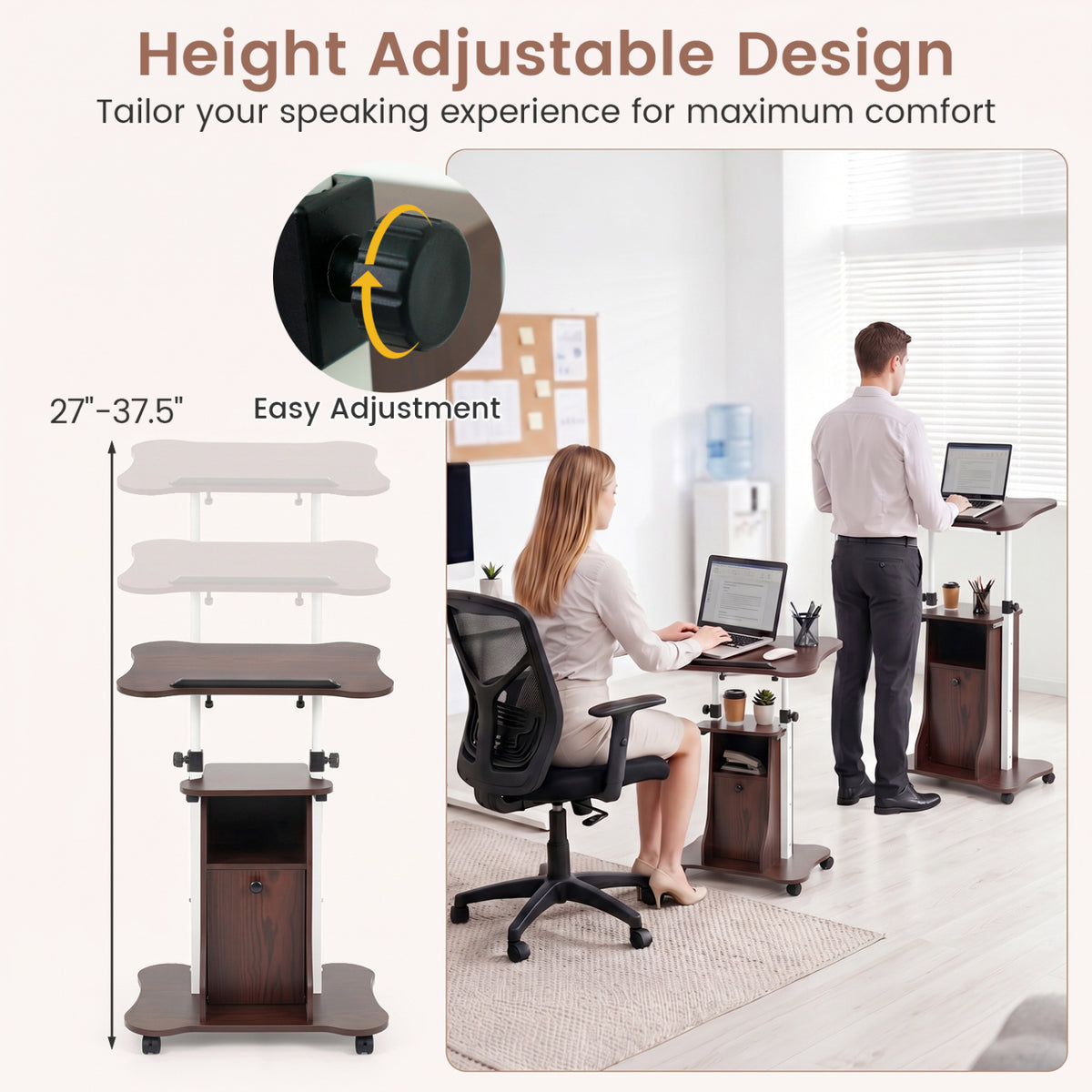 Adjustable Mobile Standing Desk Cart with Tilt Desktop and Cabinet