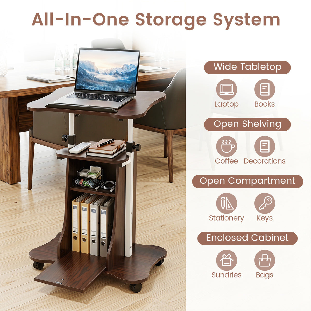 Adjustable Mobile Standing Desk Cart with Tilt Desktop and Cabinet