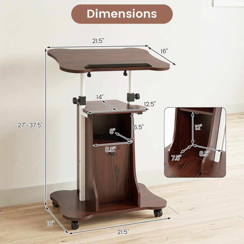 Adjustable Mobile Standing Desk Cart with Tilt Desktop and Cabinet