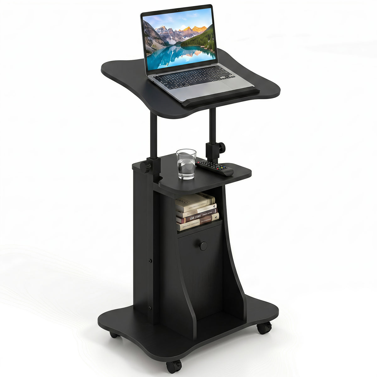 Adjustable Mobile Standing Desk Cart with Tilt Desktop and Cabinet
