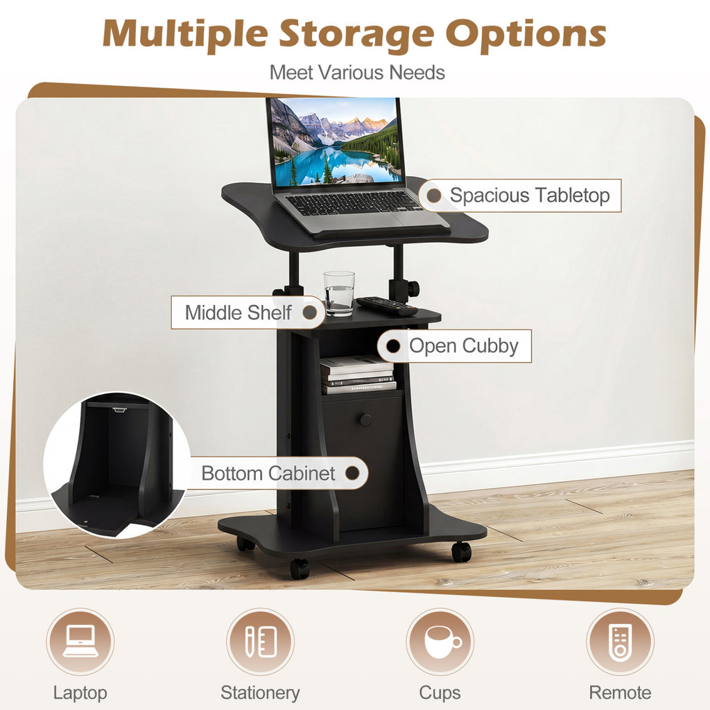 Adjustable Mobile Standing Desk Cart with Tilt Desktop and Cabinet