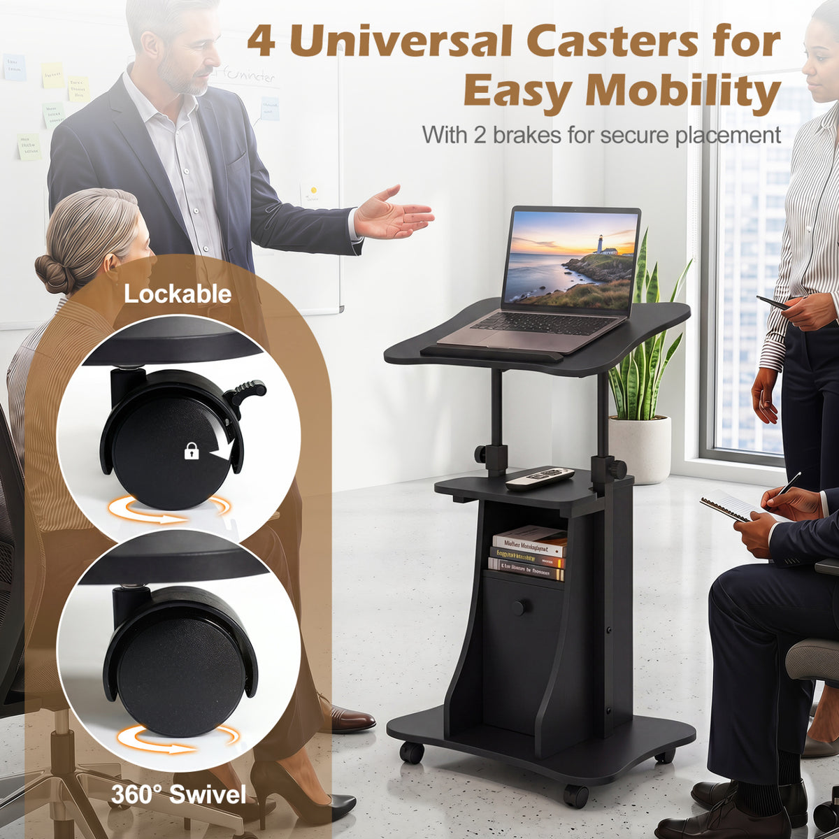 Adjustable Mobile Standing Desk Cart with Tilt Desktop and Cabinet