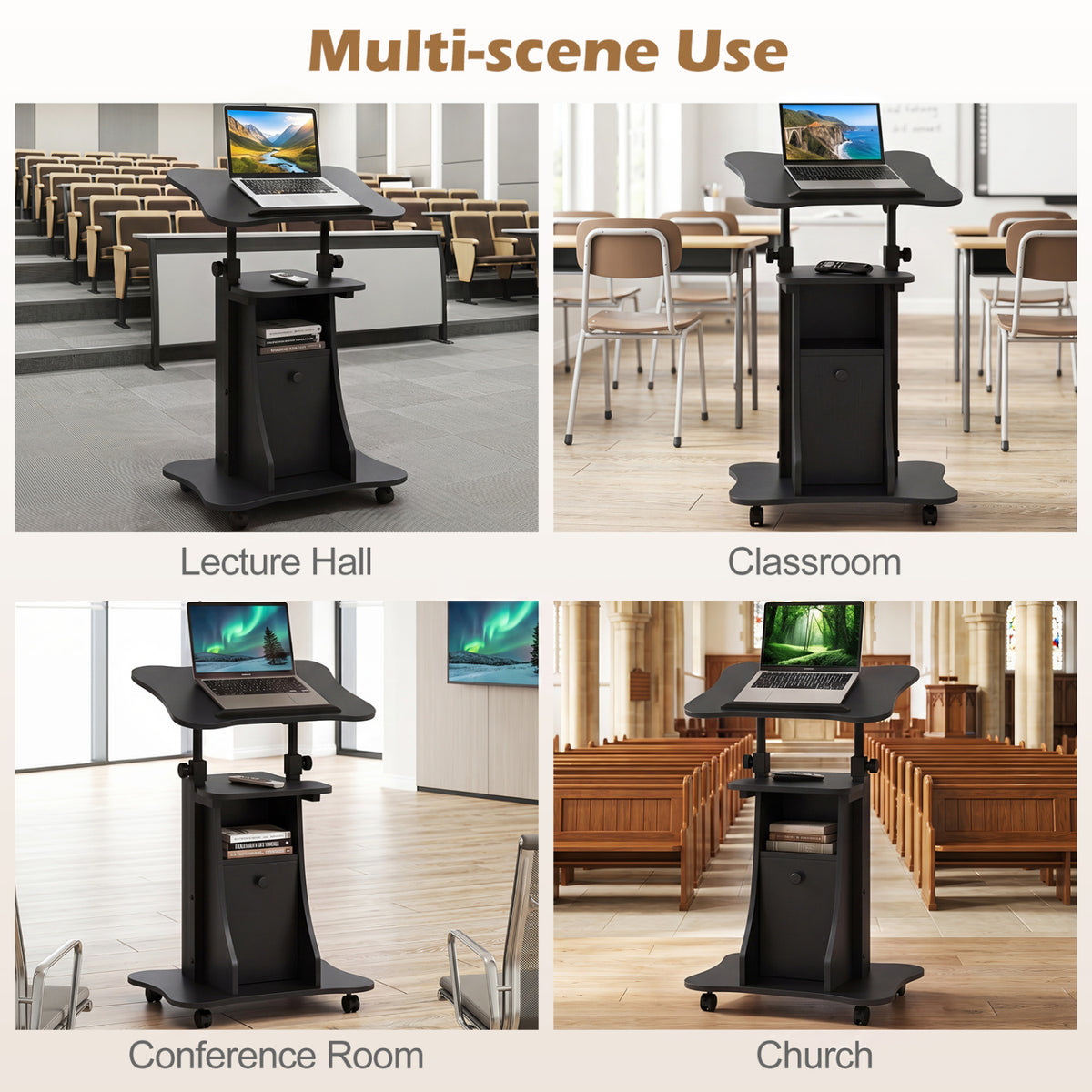 Adjustable Mobile Standing Desk Cart with Tilt Desktop and Cabinet