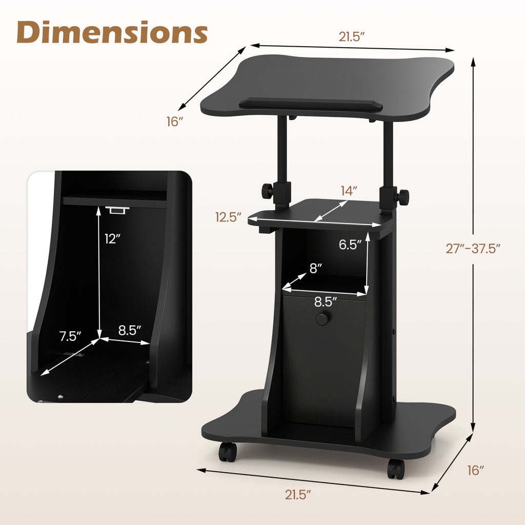 Adjustable Mobile Standing Desk Cart with Tilt Desktop and Cabinet