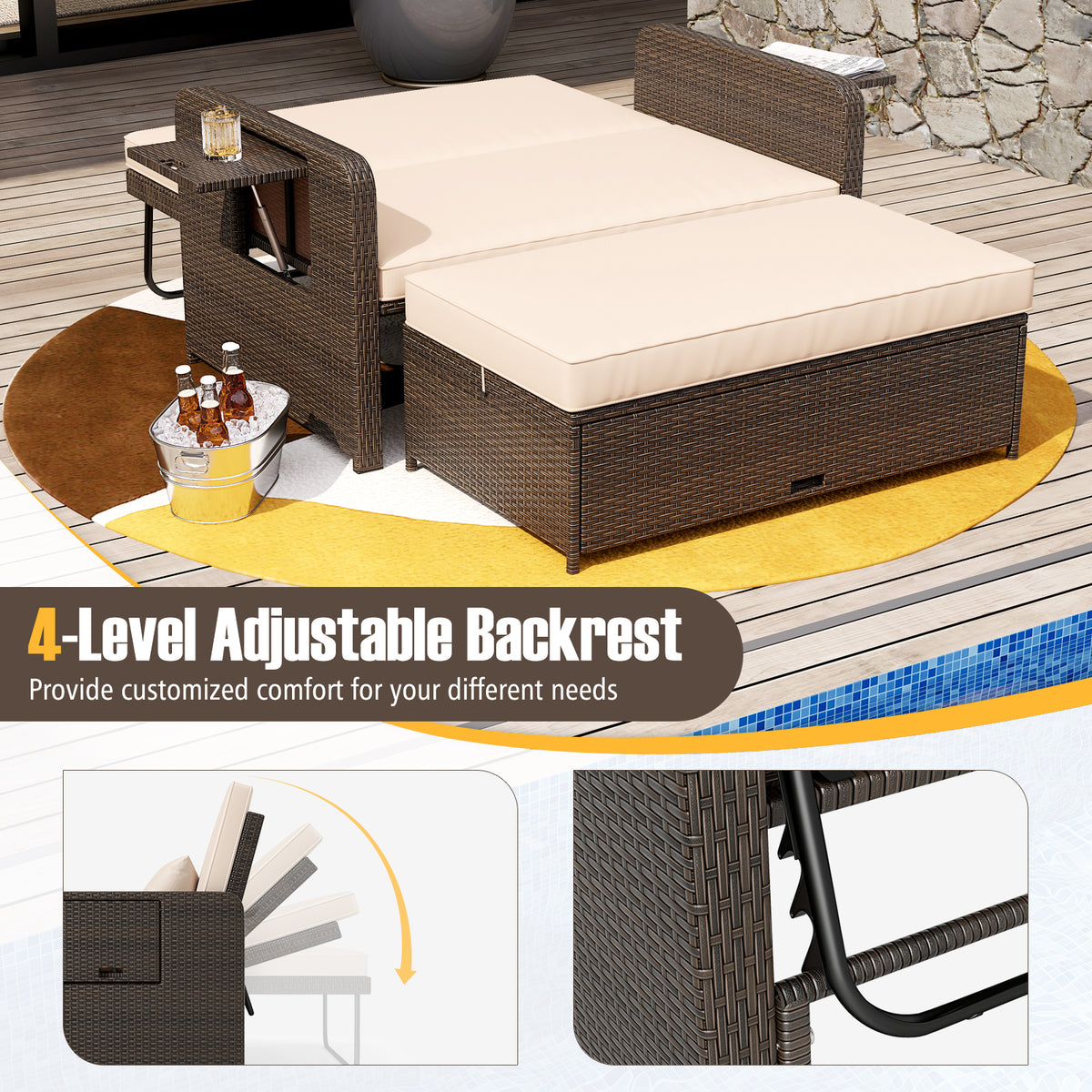 Outdoor Daybed Loveseat Set with Storage Ottoman – Space-Saving Design