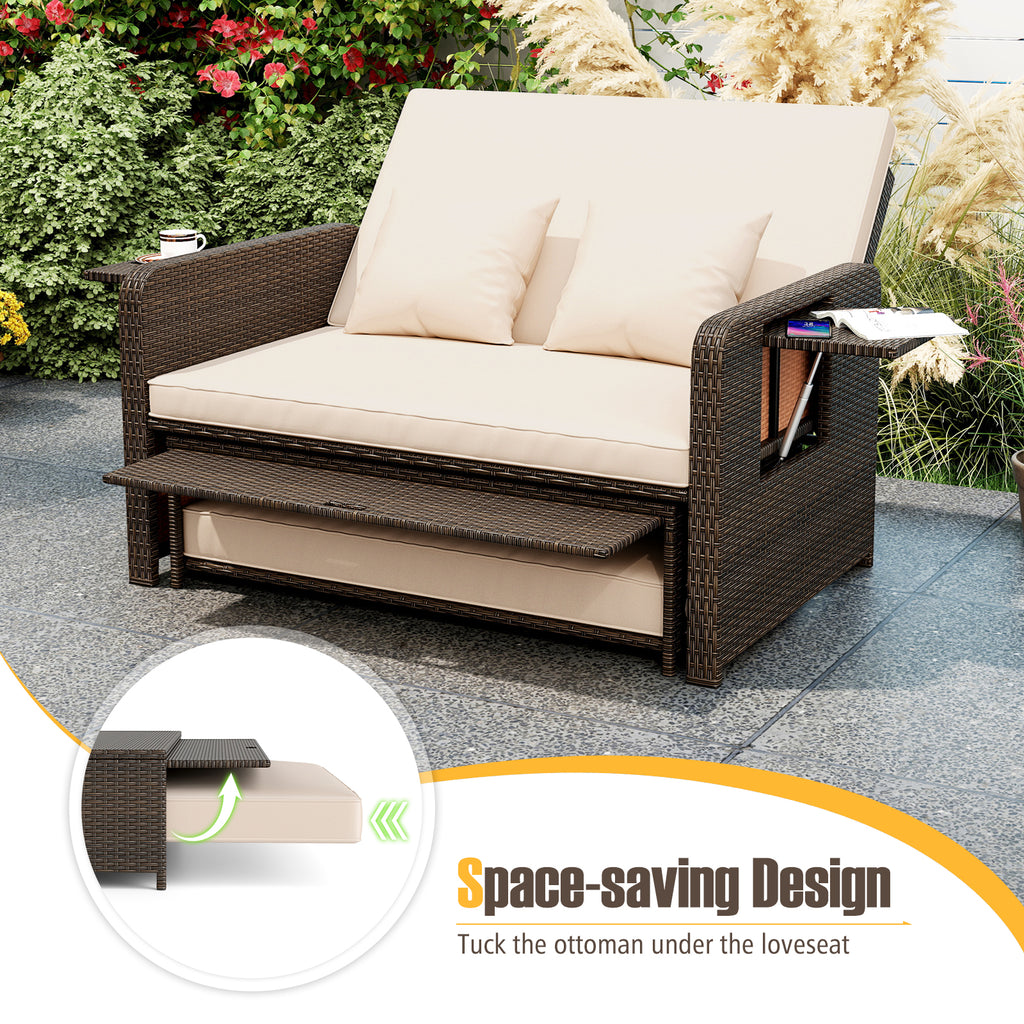 Outdoor Daybed Loveseat Set with Storage Ottoman – Space-Saving Design