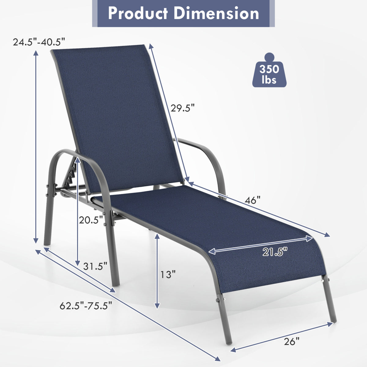 Adjustable Patio Chaise Lounge Chair, Navy - 1 Piece