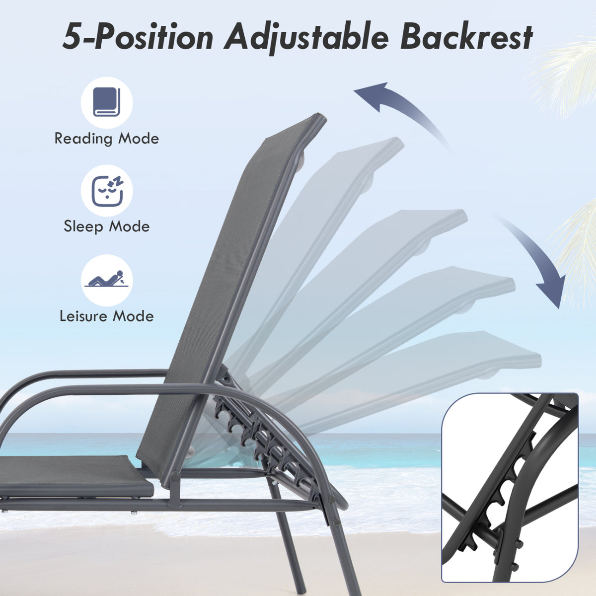 Adjustable Patio Chaise Lounge Chair with Backrest – Dark Gray