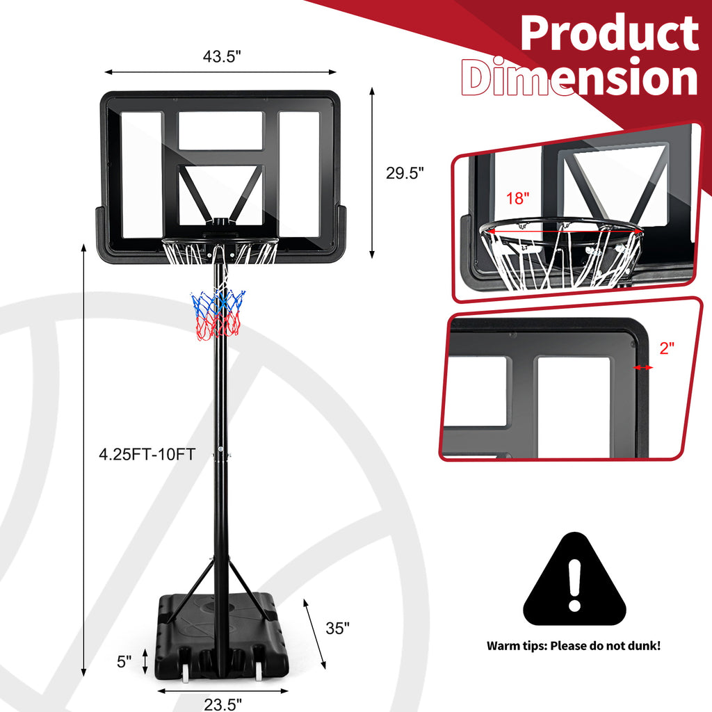 [Adult] 12-Level Height Adjustment Portable Basketball Hoop with Shatterproof Backboard - Costway