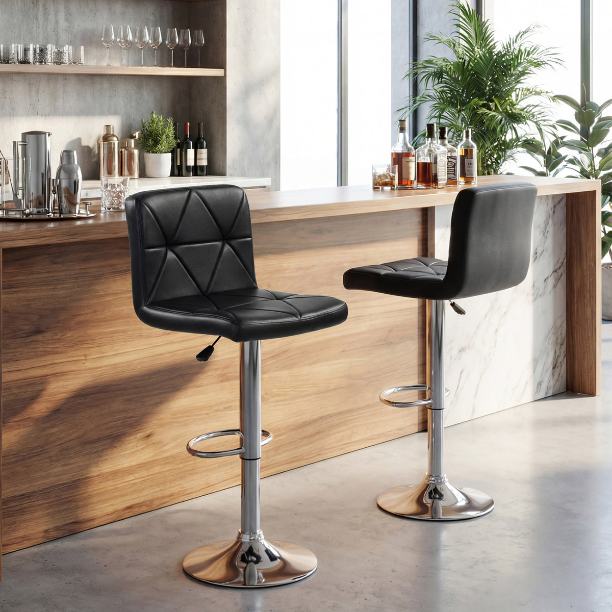 Adjustable Swivel Barstools Set of 2 with Back and Footrest - Diamond Pattern, Black
