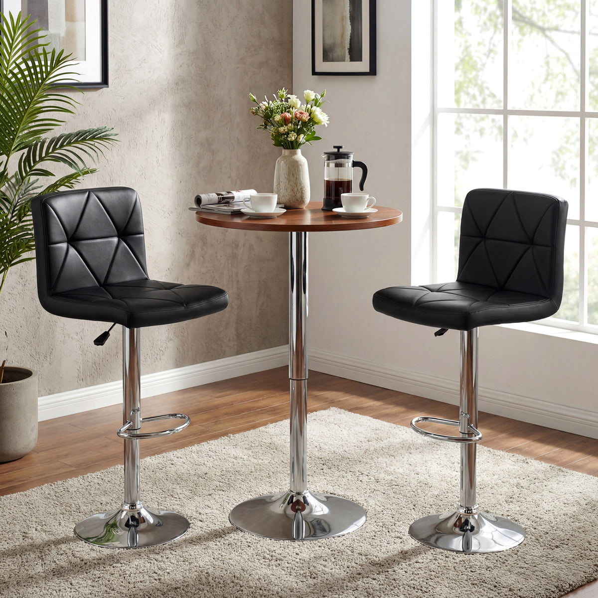 Adjustable Swivel Barstools Set of 2 with Back and Footrest - Diamond Pattern, Black