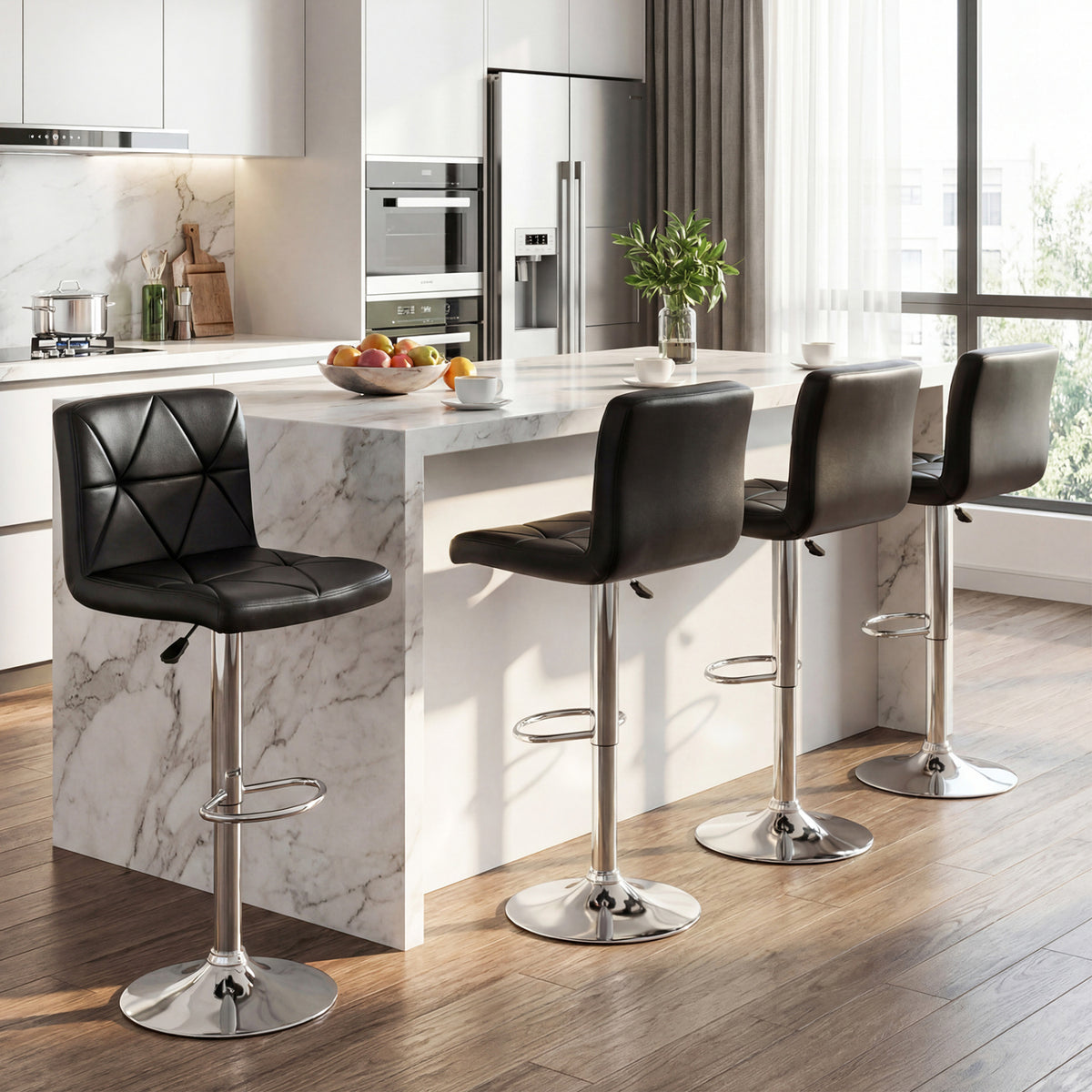 Adjustable Swivel Barstools Set of 2 with Back and Footrest - Diamond Pattern, Black