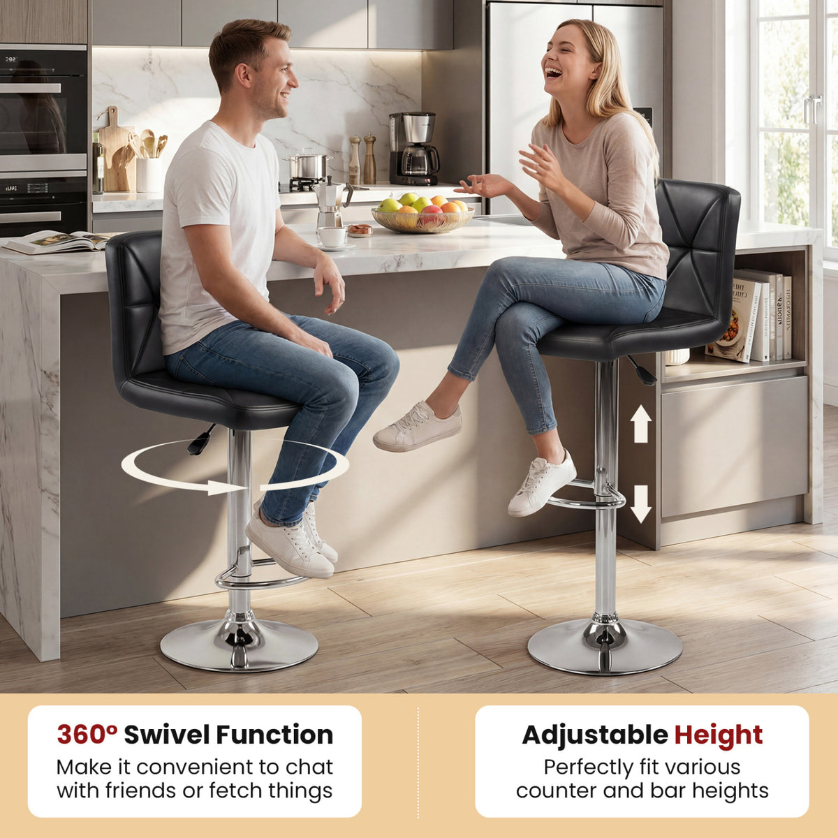 Adjustable Swivel Barstools Set of 2 with Back & Footrest - Black Diamond