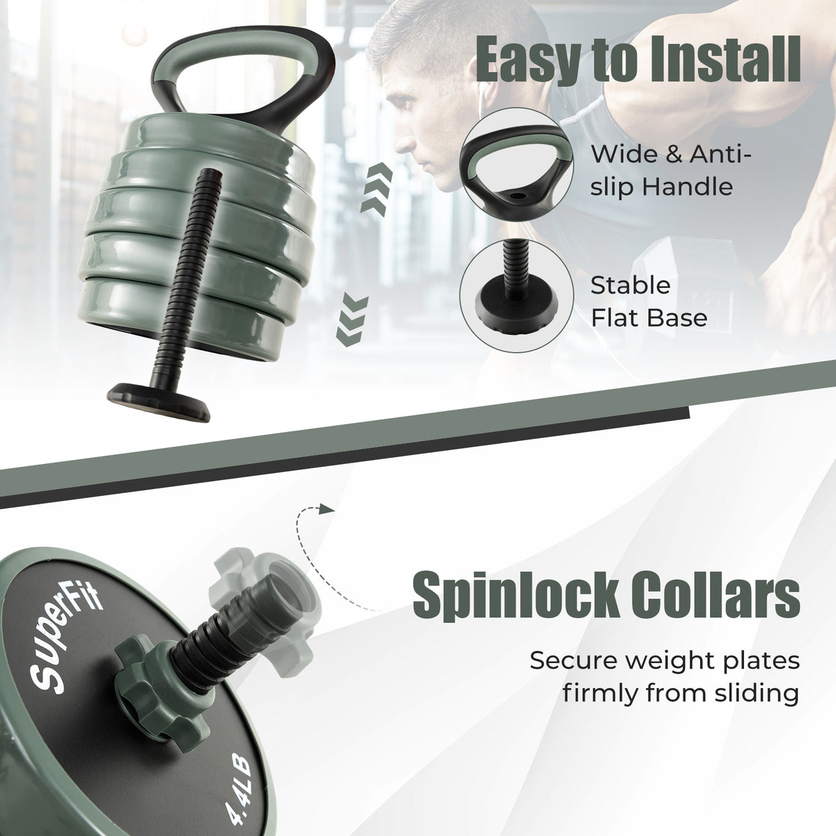 4-in-1 Adjustable Dumbbell Set - Black, Foam Grip, Spinlock Collars, Home Gym