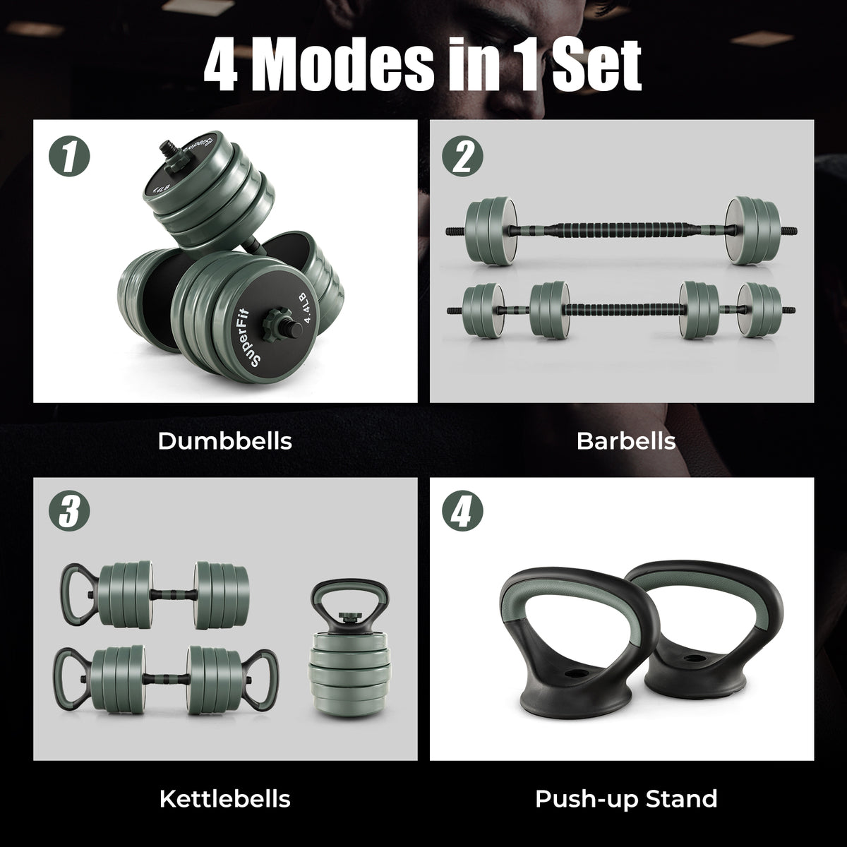 4-in-1 Adjustable Dumbbell Set - Black, Foam Grip, Spinlock Collars, Home Gym