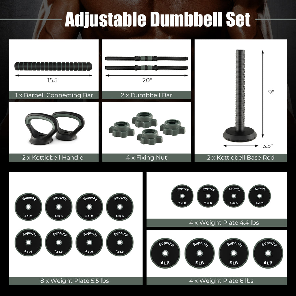4-in-1 Adjustable Dumbbell Set - Black, Foam Grip, Spinlock Collars, Home Gym