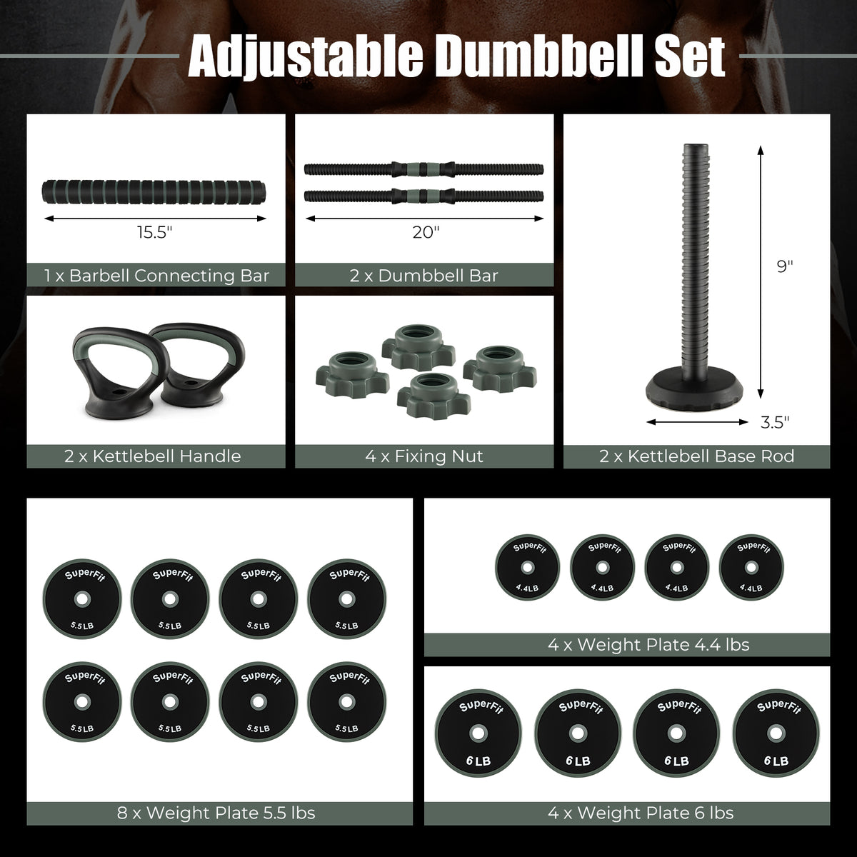 4-in-1 Adjustable Dumbbell Set - Black, Foam Grip, Spinlock Collars, Home Gym