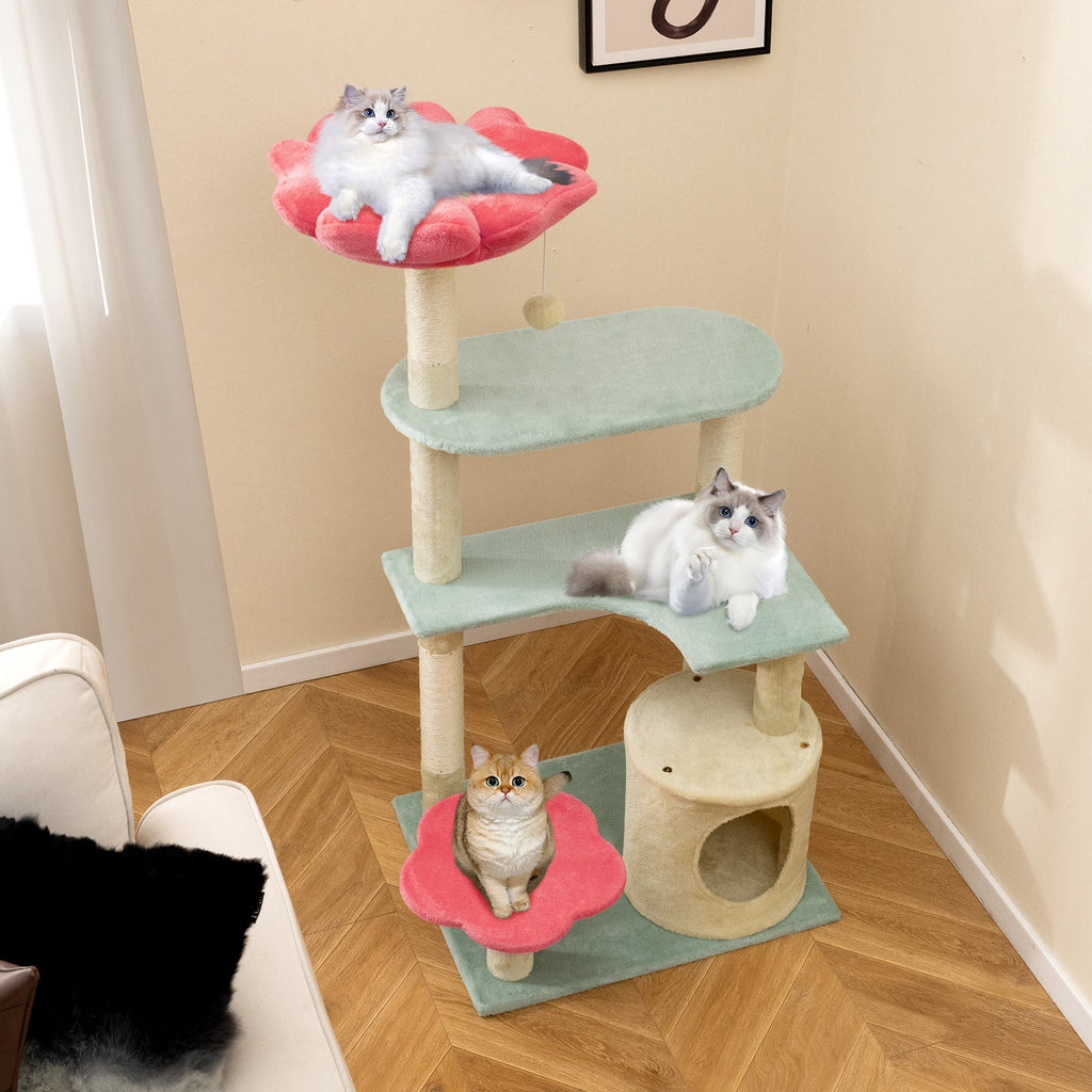49 Inch Tall Multi-Level Floral Cat Tower with Plush Perch & Sisal Scratching Posts - Multicolor