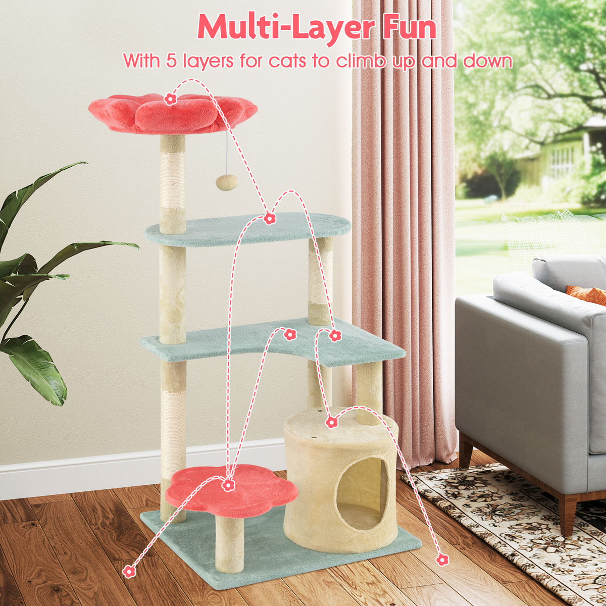 49 Inch Tall Multi-Level Floral Cat Tower with Plush Perch & Sisal Scratching Posts - Multicolor
