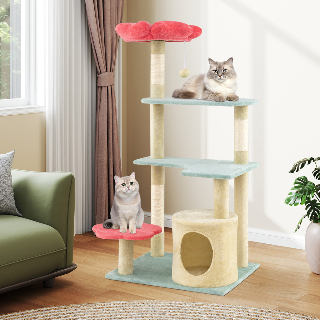 49 Inch Tall Multi-Level Floral Cat Tower with Plush Perch & Sisal Scratching Posts - Multicolor