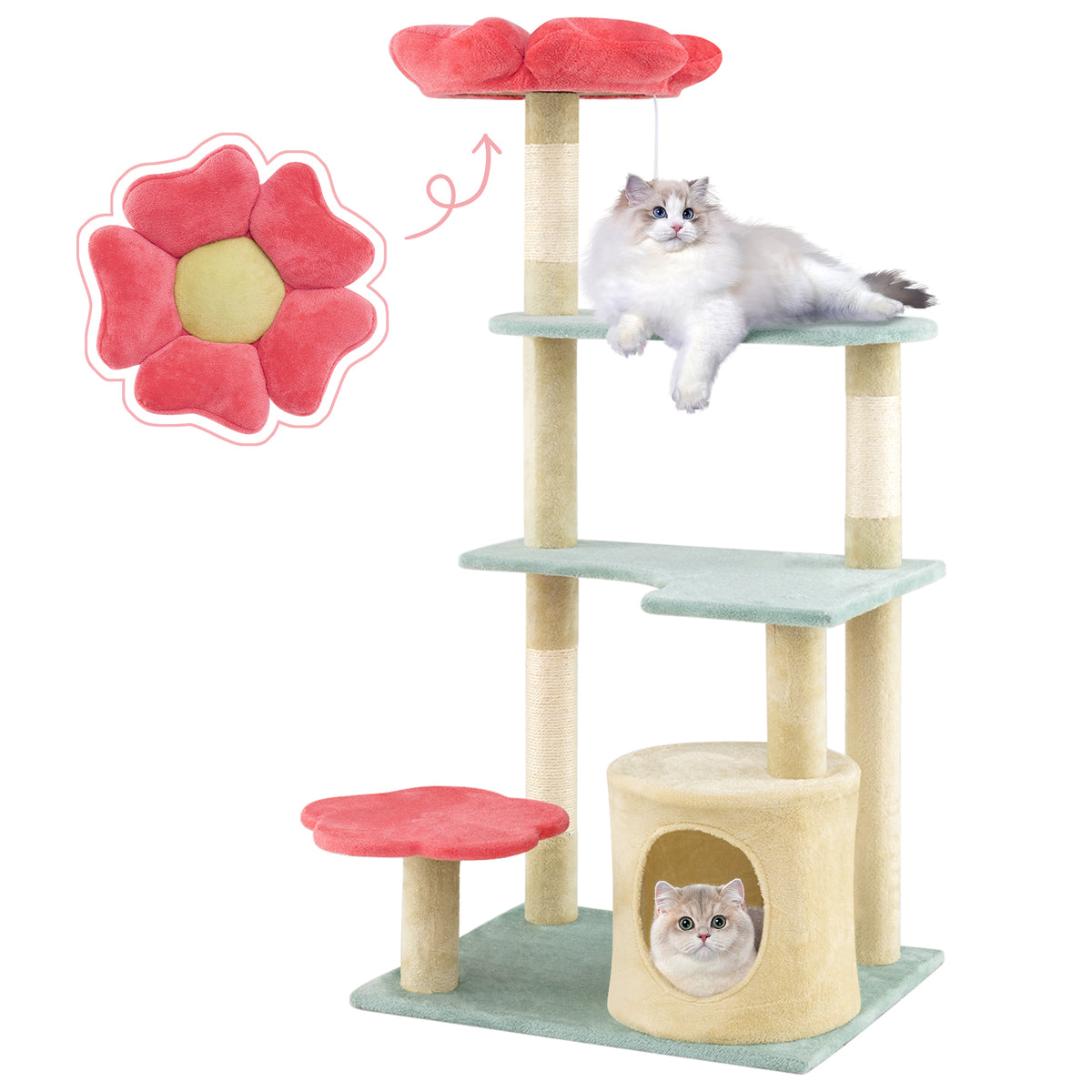 49 Inch Tall Multi-Level Floral Cat Tower with Plush Perch & Sisal Scratching Posts - Multicolor
