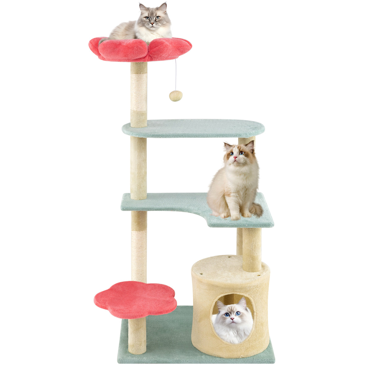 49 Inch Tall Multi-Level Floral Cat Tower with Plush Perch & Sisal Scratching Posts - Multicolor