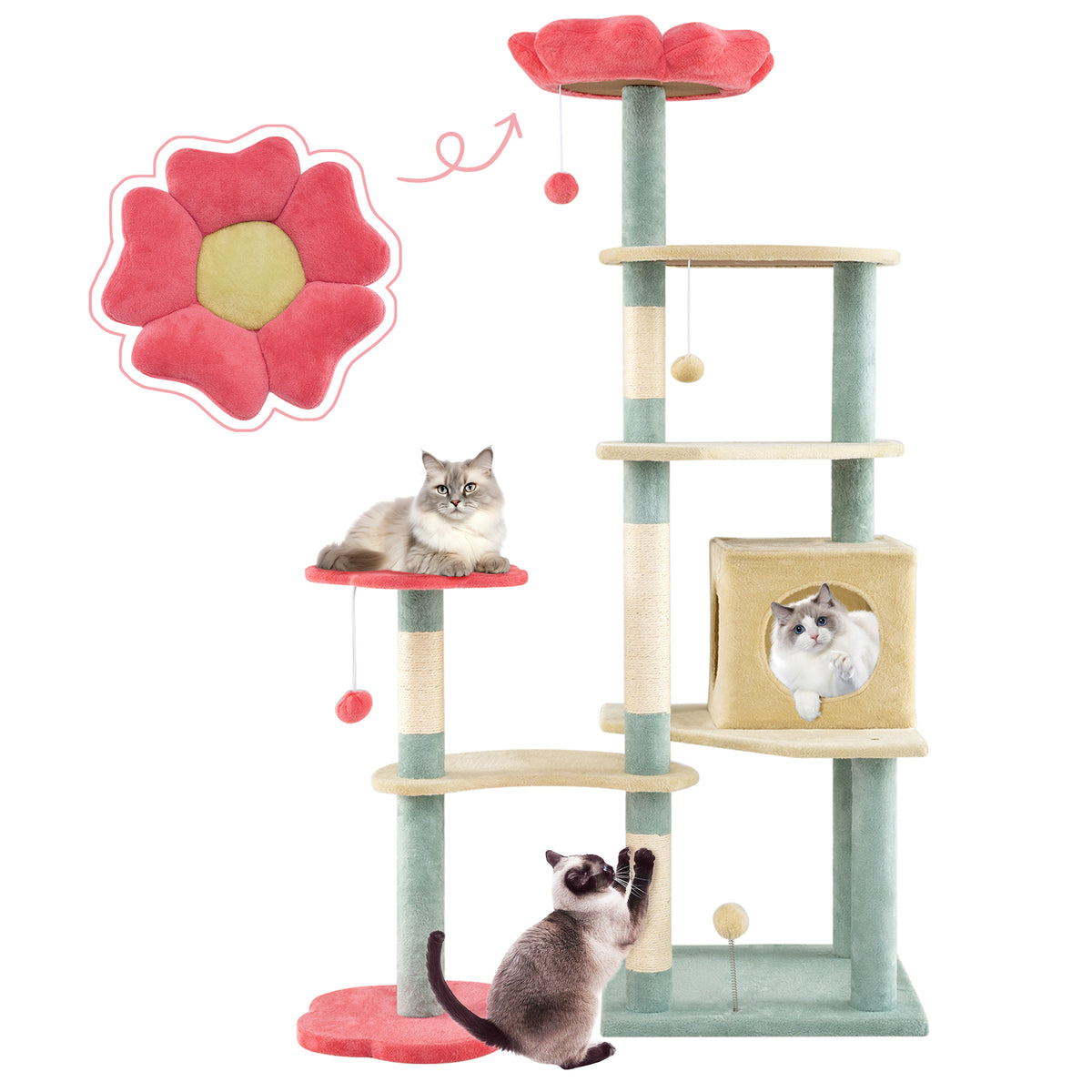 61 Inch Multi-Level Floral Cat Tower with Flower-Shaped Perch - Multicolor