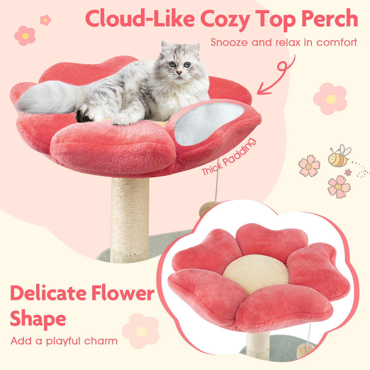 49 Inch Tall Multi-Level Floral Cat Tower with Plush Perch & Sisal Scratching Posts - Multicolor