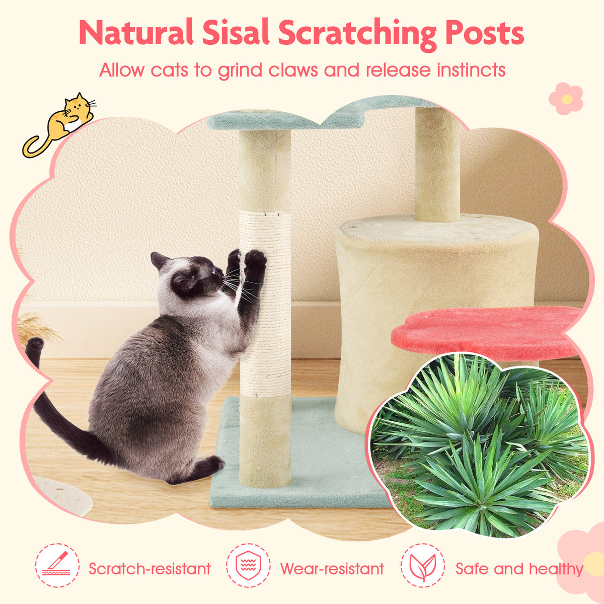 49 Inch Tall Multi-Level Floral Cat Tower with Plush Perch & Sisal Scratching Posts - Multicolor