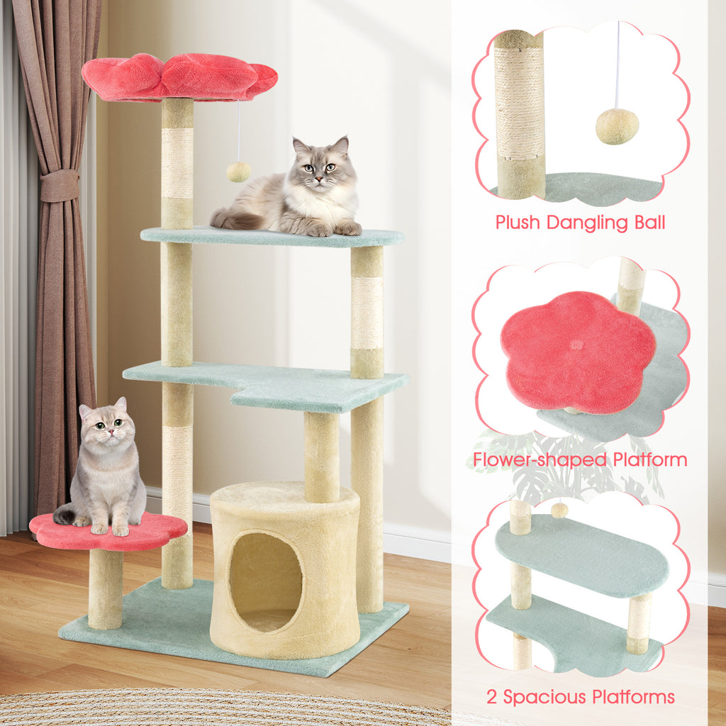 49 Inch Tall Multi-Level Floral Cat Tower with Plush Perch & Sisal Scratching Posts - Multicolor