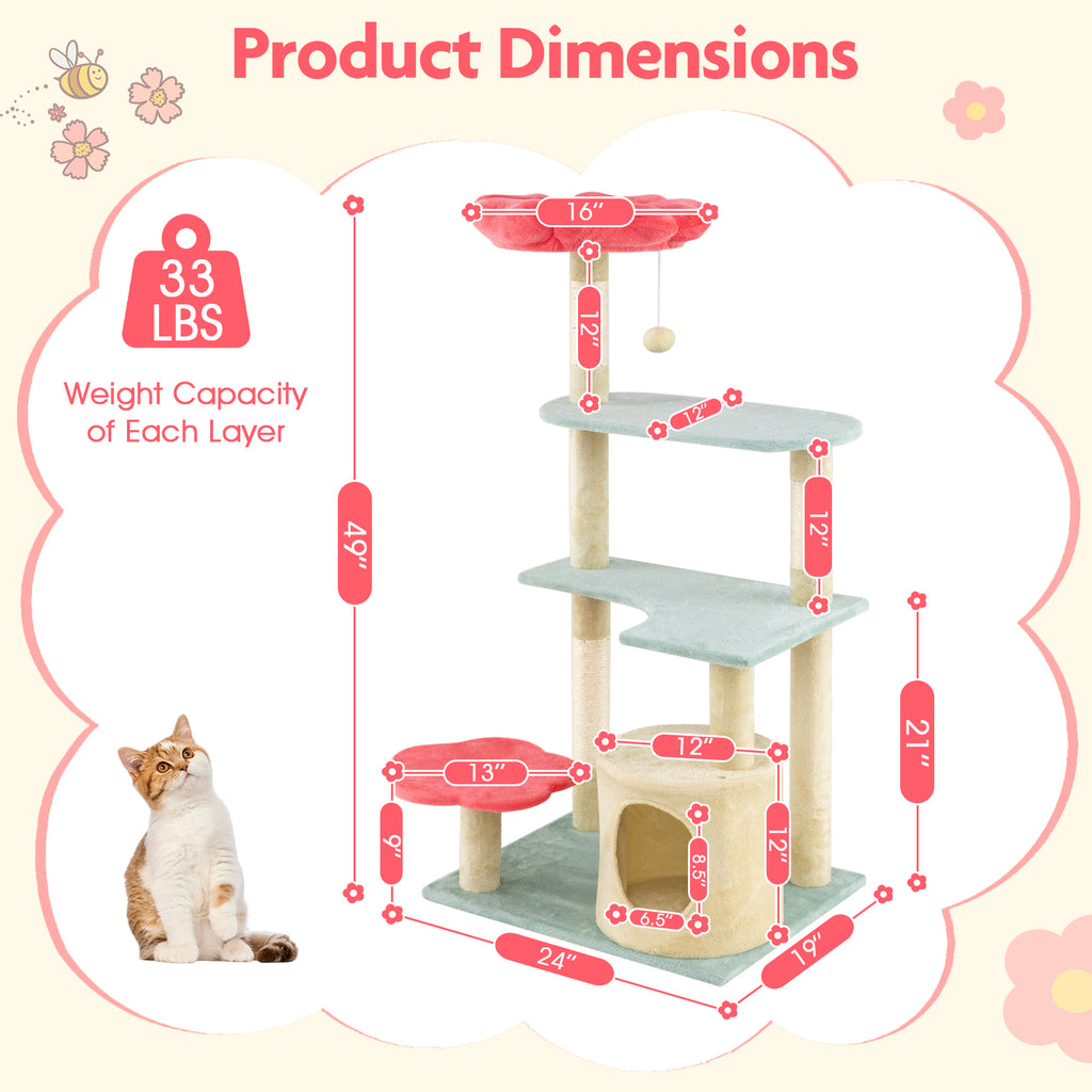 49 Inch Tall Multi-Level Floral Cat Tower with Plush Perch & Sisal Scratching Posts - Multicolor