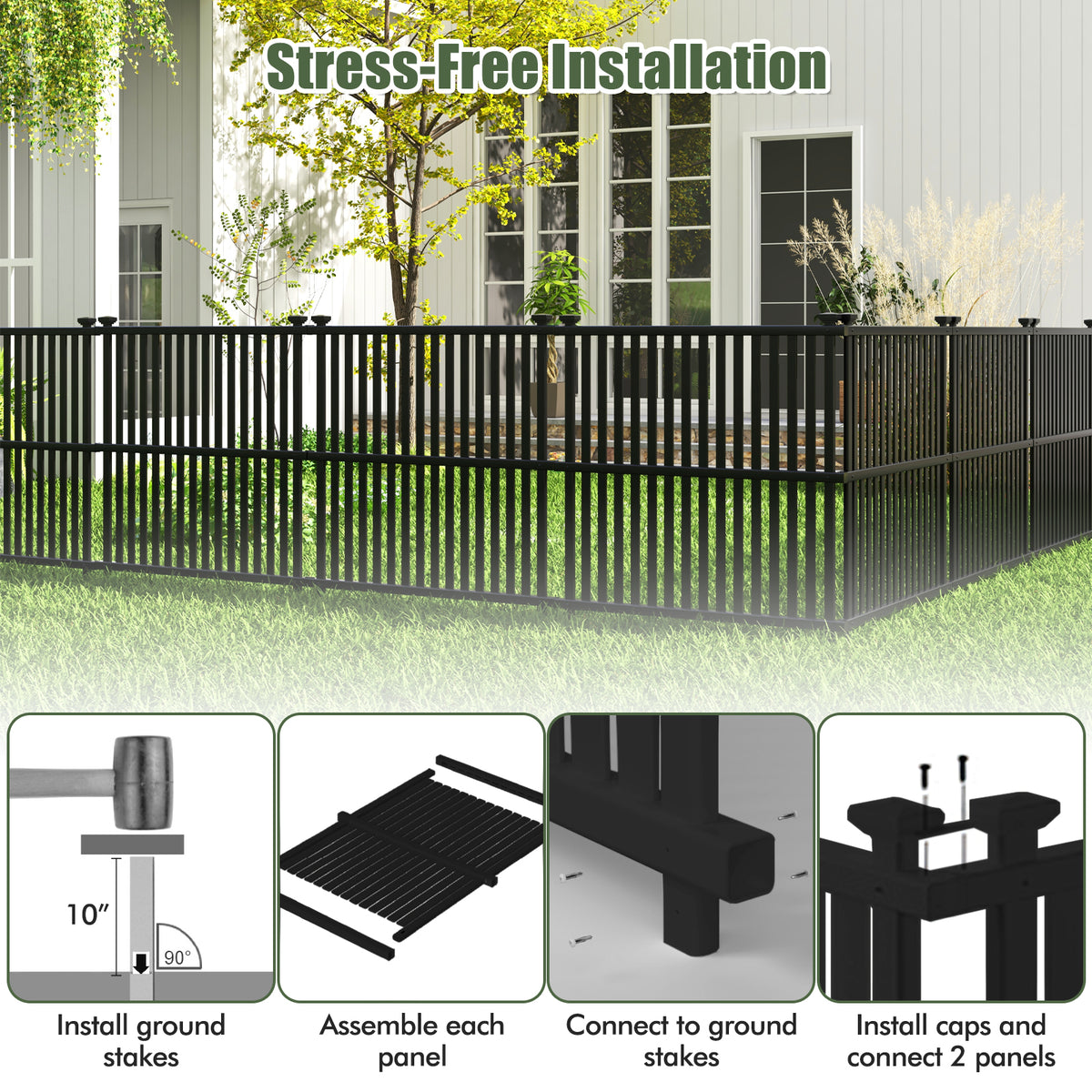 2-Panel Air Conditioner Fence Panel 45x45 Inch Black with Metal Ground Stakes - Outdoor Support