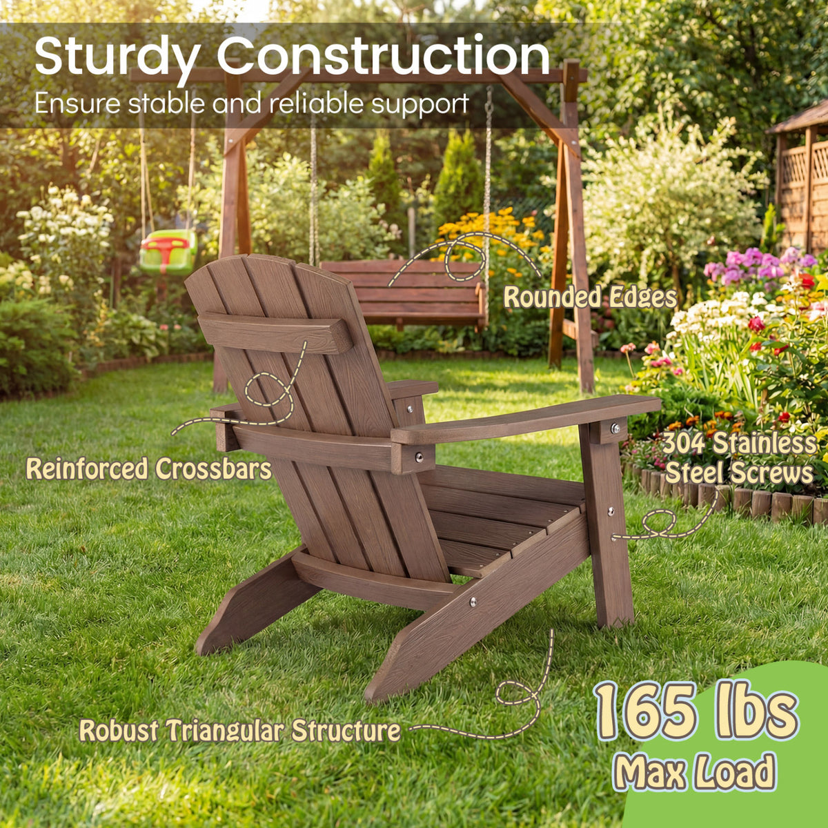 All-Weather Kids Adirondack Chair with High Backrest & Armrests - Brown