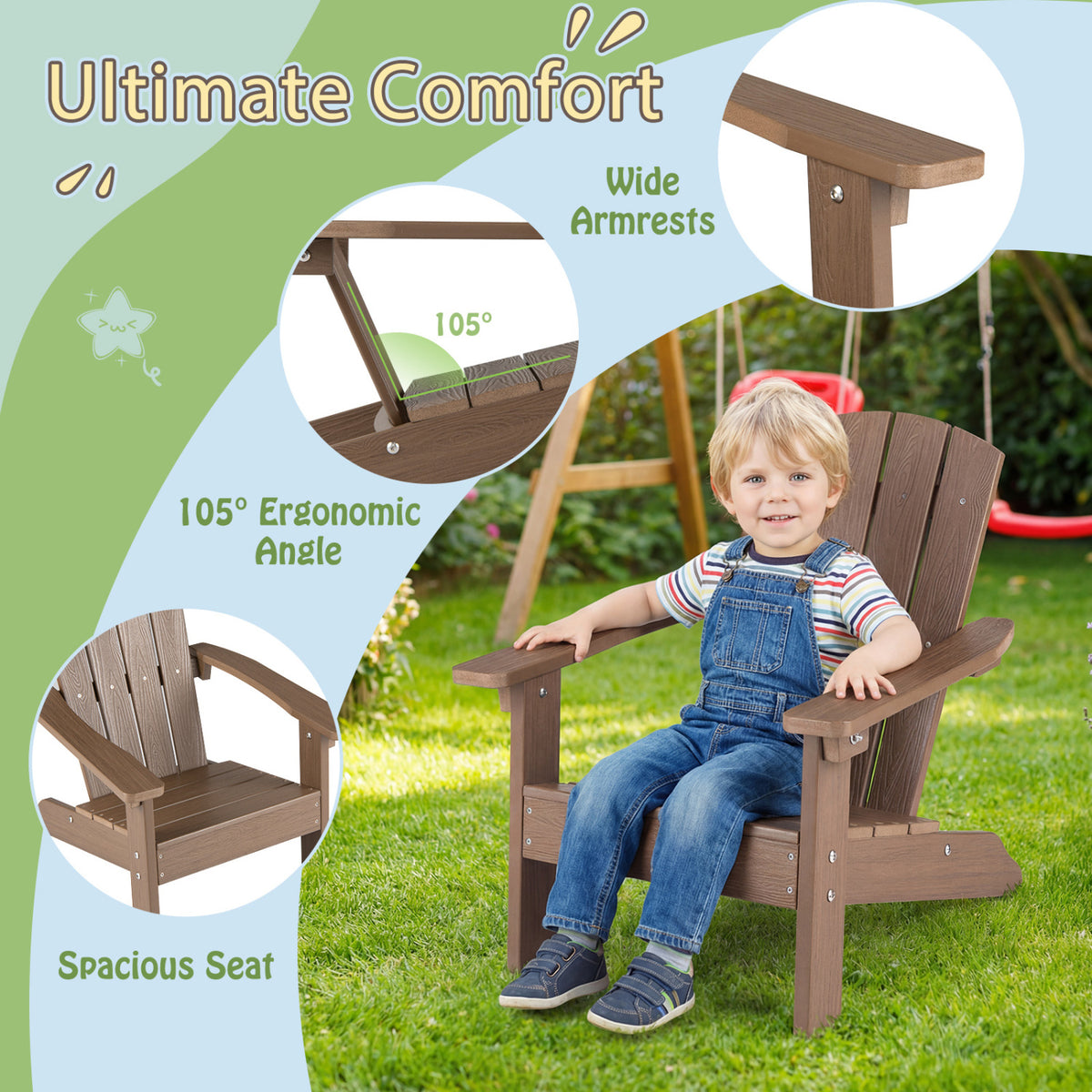 All-Weather Kids Adirondack Chair with High Backrest & Armrests - Brown