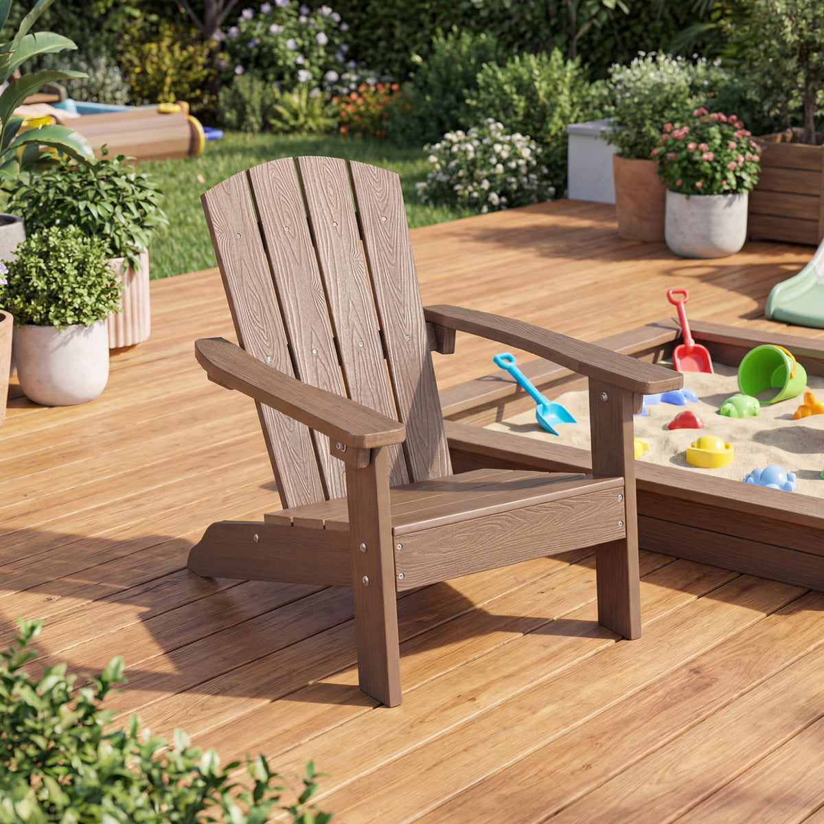 All-Weather Kids Adirondack Chair with High Backrest & Armrests - Brown