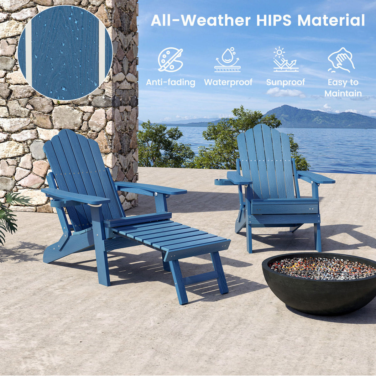 All-Weather HIPS Adirondack Lounge Chair with Footrest - Navy