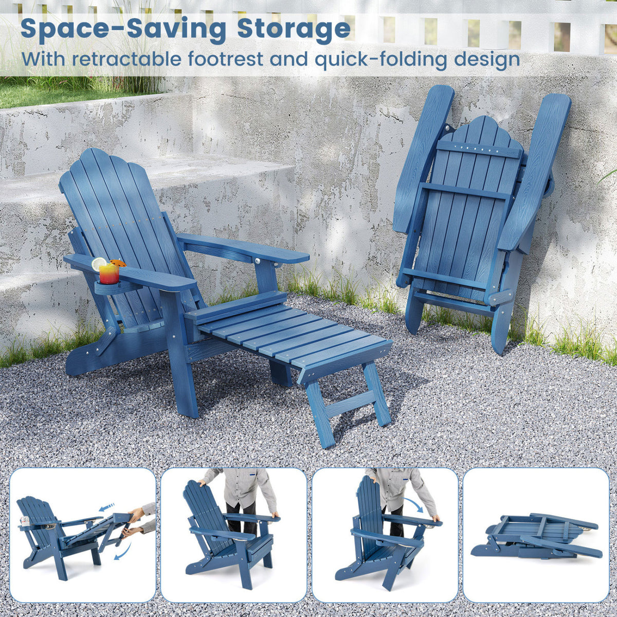 All-Weather HIPS Adirondack Lounge Chair with Footrest - Navy